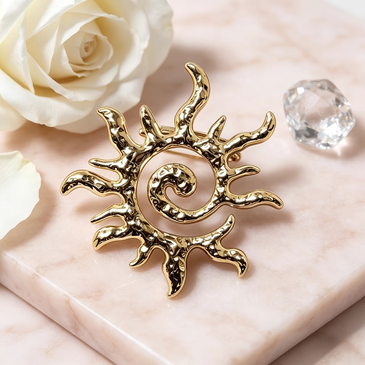 Retro Spiral Sun Brooch, Irregular Hammered Metal Pin